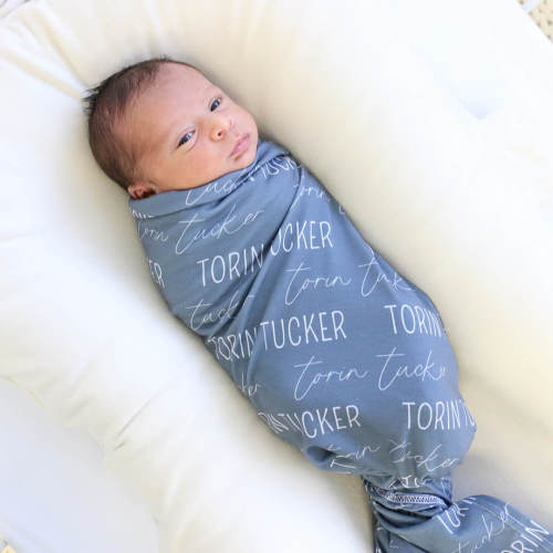 Personalized Dusty Blue Baby Name Swaddle Blanket - Block & Script