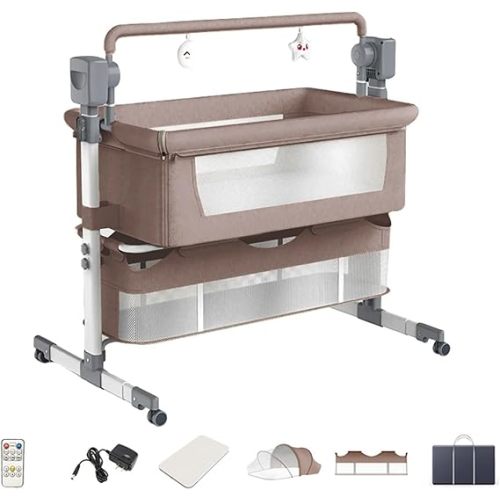 Electric Crib, Next to Me Bassinet Cradle with Lullaby Music, Baby Bedside Crib for Newborn, 5 Swaying Gears, Baby Co-Sleeper Cot with Mattress (MG601-Khaki)