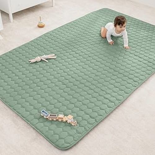 Comfy Cubs Rectangle Kids Play Mat - Large 60 x 96 inches Soft Quilted Baby Floor Mat with Non-Slip Bottom - Plush Design for Toddlers' Playtime - Comfortable and Durable - Fern