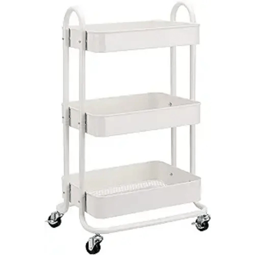 Amazon Basics 3-Tier Rolling Utility Cart, Storage Organizer, Lockable Wheels, Multifunctional Storage, Portable Mobile Shelving Unit, White