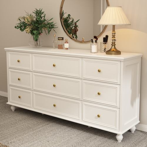 63" Wide 9/12 Drawer Dresser for Bedroom, Modern Farmhouse Double Dresser with Gold Knobs, Large Storage Chest