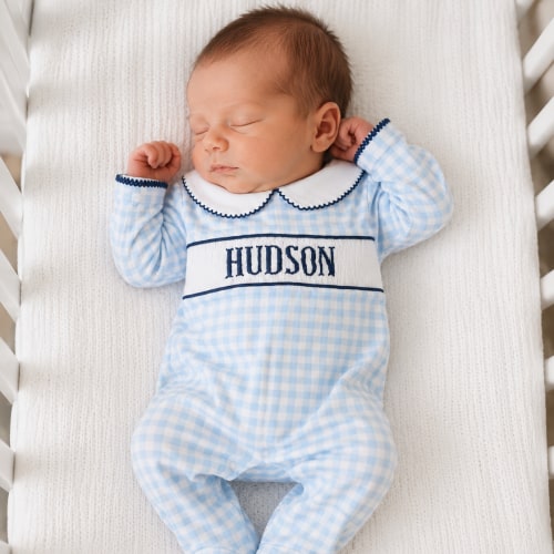 Boys Blue Gingham & Navy Knit Name Smocked Footie – Little Bear Smocks