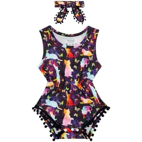 UNICOMIDEA 0-24 Months Baby Girl Romper with Headband 3D Printed Sleeveless Infant Summer Outfits