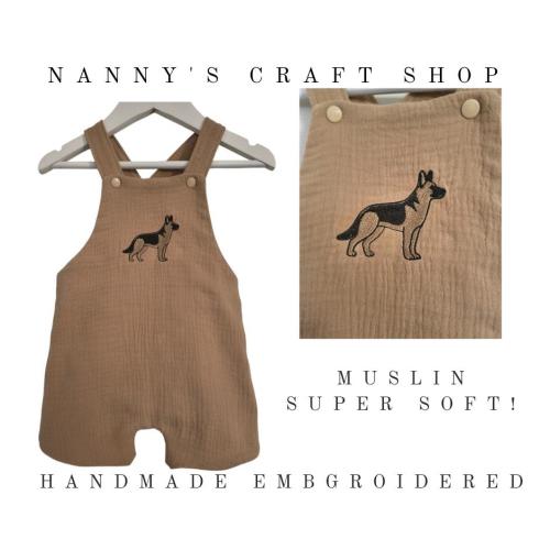 German Shepherd baby gift. Muslin baby clothes. Baby dog outfit. Dog baby items. Custom romper. Baby shower. Dog embroidered boys overalls