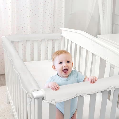 3 Pc Crib Rail Covers for Teething Sets,Rail Guard for TeethingSoft Anti-Collision Strip Corner Cover, Suits for Most Standard Bed (4pc-Gray) (3pc-White)