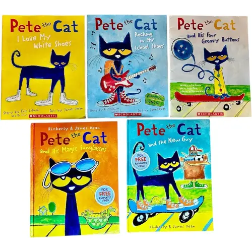 Pete the Cat Series 5 Books Collection Set (Pete the Cat I Love My White Shoes, Rocking in My School Shoes, His Four Groovy Buttons, His Magic Sunglasses & The New Guy)