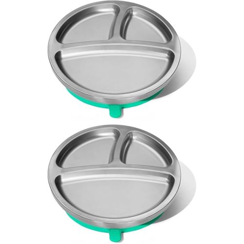 Avanchy Baby Plates with Suction – Stainless Steel Divided Plates for Toddlers, BPA-Free, Dishwasher Safe, Unbreakable, Non-Toxic, 100% Silicone Suction – 2 pack Green