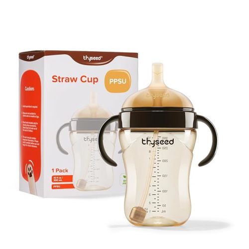 Thyseed Spill-Proof Weighted Straw Sippy Cup, Baby Transition Trainer, Soft Silicone Spout, BPA-Free, 6m+, 10 oz, 1 Pack