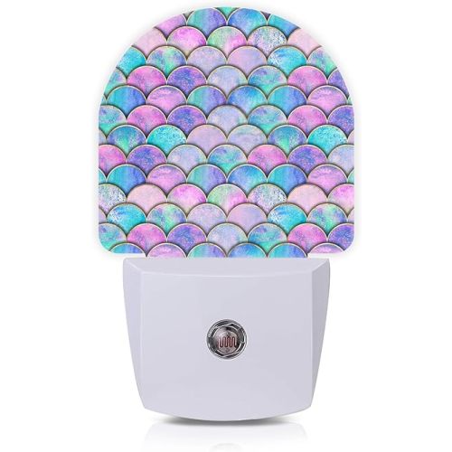 Pink Mermaid Fish Scales Night Lights Plug into Wall for Girls Boys Room,Night Light LED Lamp Dusk to Dawn Sensor Round Lamp for Bedroom Bathroom Hallway Home Wall Decor