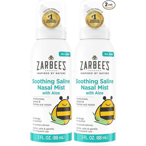 Zarbee's Baby Nasal Saline Spray, Soothing Sterile Mist with Aloe, Newborns & Up, Cleansing Nose Relief, 3Fl Oz (Pack of 2)
