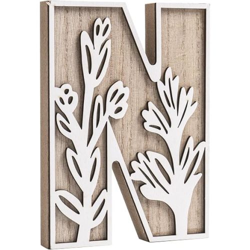 3D Layered Floral Wooden Letters for Wall Decor, 4.9" Name Sign for Nursery, Wood Alphabet Letter N Boho Wildflower Girls Kids Room Initials for Table Shelf Home Decorations