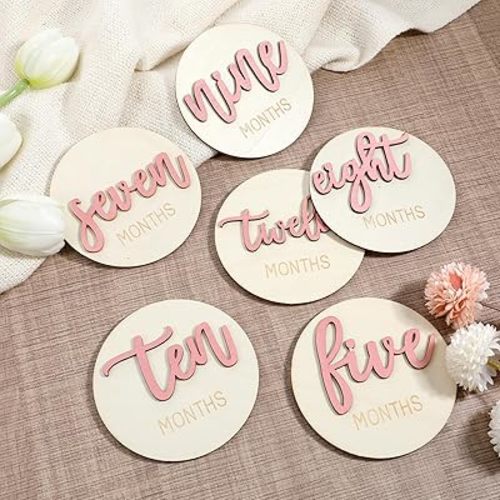 6 Pcs Baby Monthly Milestone Signs, Double Sided Wooden 3D Milestone Markers Disc from 1-12 Months 4 Inch Newborn Age Announcement Sign for Photo Props (Pink)