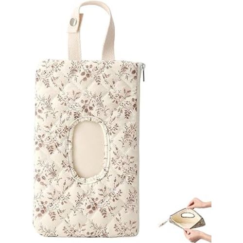Quilted Floral Hanging Baby Wipe Pouch - Portable Mommy Bag for Wipes & Diapers, Refillable Wet Wipes Bag & Diaper Wipe Pouch, Compact Wipes Holder for Diaper Bag (Beige)