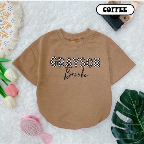 Personalized Checkered Baby Romper: Custom Name Outfit, Summer Clothes