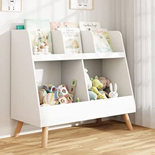 Curipeer Kids Bookshelf and Toy Organizer, 5 Cubbies Wooden Open Bookcase, 2-Tier Baby Storage Display with Legs, Free Standing Bookshelf for Playing Room, Bedroom, Nursery, Classroom, White