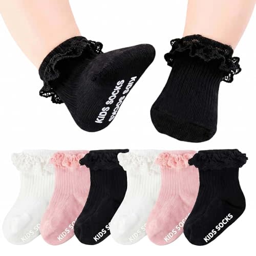 6 Pairs Baby Girl Ruffle Socks with Grips,Non-Slip Grippy Socks | 0-3 Years Infat,Cotton Frilly Ankle Dress Socks,Perfect for Princess Party,Walking,Daily Wear
