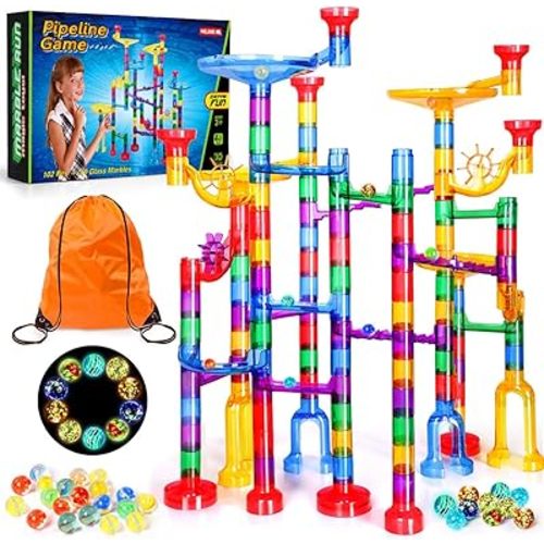 Meland Marble Run - 132Pcs Marble Maze Game Building Toy for Kid, Marble Track Race Set & STEM Learning Toys for Boy Girl Age 3 4 5 6 7 8 9+ (102 Translucent Marbulous Pcs & 30 Glass Marbles)