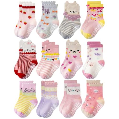 RATIVE Baby Girl Non Slip Grip Socks 12-Pack Soft Cotton Toddler Girl Socks