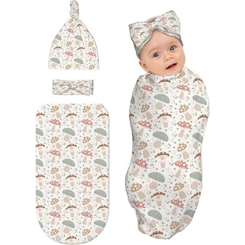 Mushroom Cartoon Baby Stuff Newborn Swaddle Blanket with Beanie Hat and Headband Set,Baby Swaddle Blanket Gifts for Infant Shower Boys Girls