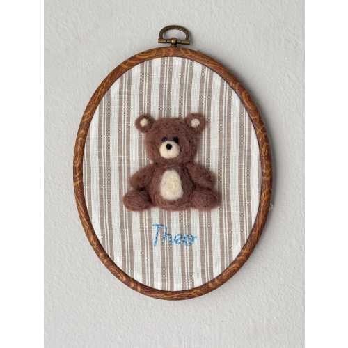 Needle Felted Teddy Bear Nursery Art – Personalized Name Embroidery, Baby Shower Gift