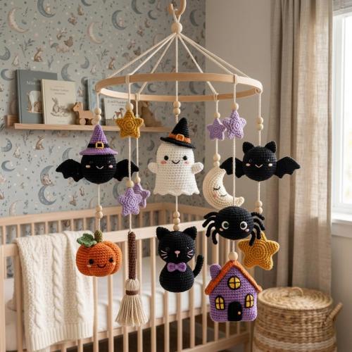 Crochet Halloween Baby Mobile, Ghost Bat Pumpkin Crib Mobile, Black Cat Haunted House Nursery Decor, Baby Shower Gift
