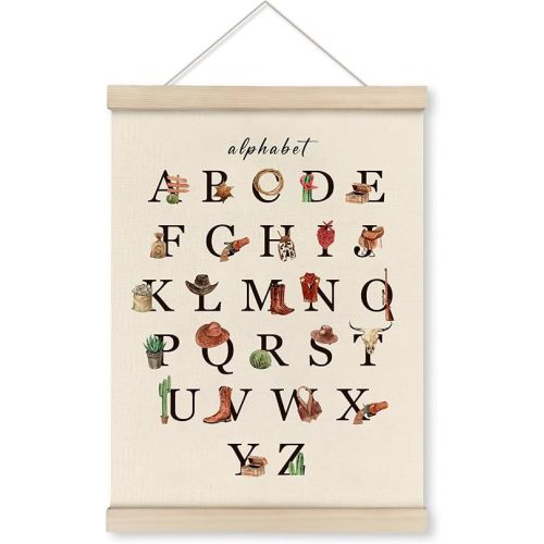 HRQKO Western Alphabet Poster Hanger Frame, Western Nursery Decor, Cowboy Nursery ABC Poster Wall Art with Wooden Frames, Alphabet Banner Wall Hanging Decor for Boys Cowboys Room,12x16 Inch