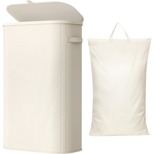 Lifewit Slim Laundry Basket with Lid, Narrow Large Laundry Hamper with Plastic Handles and Removable Bag, Tall Foldable Dirty Clothes Hampers for Laundry Room, Bedroom, Bathroom, Dorm, 65L White