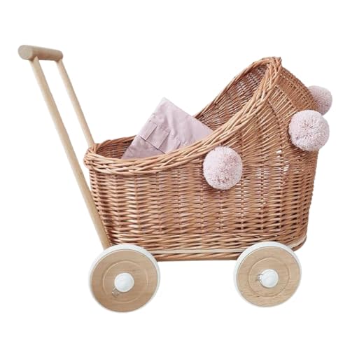 Wiklibox Natural Rattan Doll Stroller - Hand Made in Europe - Fits 17" Dolls & Plush Toys - Wicker Doll Pram & Baby Walker with Bedding Set - Perfect for Imaginative Play | Natural-Pink