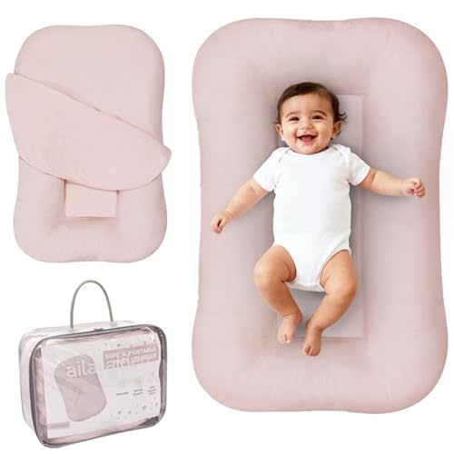 Aila + Aiden Baby Lounger | Organic Cotton Infant Lounger | Adjustable & Portable Floor Lounger | Supervised Use | Soft, Breathable, Washable Cover - Snuggle Collection - (Pink)
