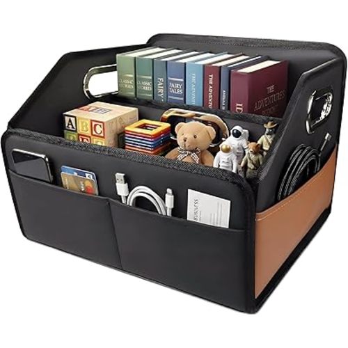 Noaman Car Organizer - 2025 Upgraded Leather Car Storage Organizer for Front Back Seat or Floor with 3 Metal Handles 6 Apartments, Multipurpose Car Organizers and Storage Black.