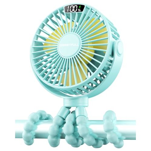 SWEETFULL Portable Stroller Fan with Display 4000mAh Battery Powered Mini Clip On Fan, 4-Speed Rechargeable Small Personal Cooling for Baby Car Seat Crib Travel - Cyan