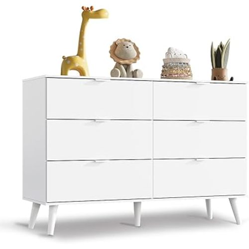WLIVE 6 Drawer Dresser for Bedroom, 47.24'' Wide Wood White Dresser, Storage Organizer with Sturdy Metal Handle, TV Stand for 55 inch TV, Chest of Drawers for Living Room, Hallway, Closet