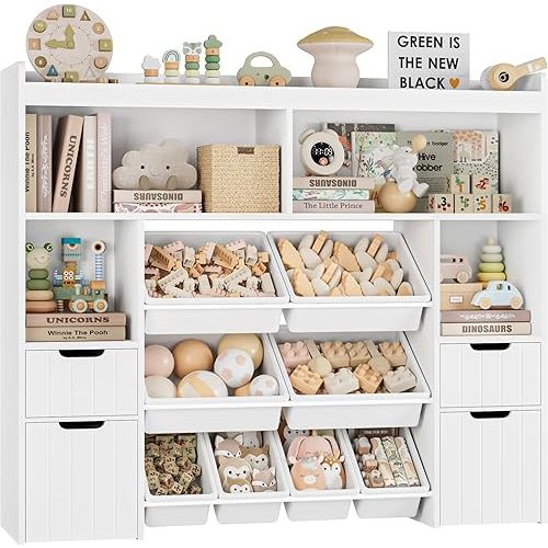 HORSTORS 55" W Toy Storage Organizer with Drawers, Large Kids Toy Storage Box with Removable Bins, Tall Kids Bookshelf and Bookcase for Boys and Girls, Modern Toy Chest for Playroom, Classroom, White