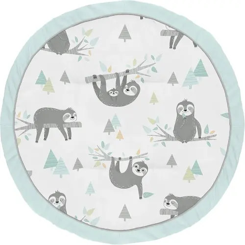 Sweet Jojo Designs Blue Sloth Boy Girl Baby Playmat Tummy Time Infant Play Mat - Turquoise, Grey and Green Jungle Leaf Botanical Rainforest