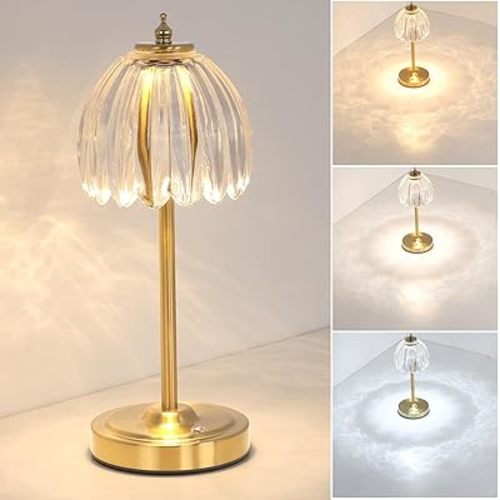 Tulip Table Lamp with 5000mAh Battery & Touch Control, Cordless Small Table Lamp with 3 Colors, Dimmable Rechargeable Table Lamps for Living Room, Bedroom, Desk, Bedside (Transparent Tulip)