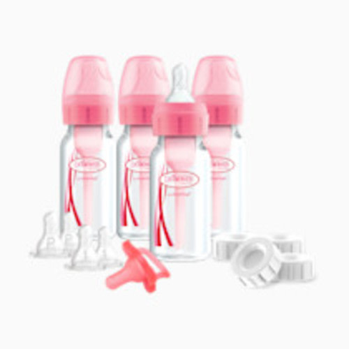 Dr. Brown's Anti-Colic Baby Feeding Set with Slow Flow Nipples, Travel Caps, Silicone Pacifier - Pink