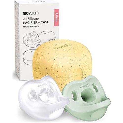 Moyuum Silicone Macaron Pacifier | Made in Korea, BPA Free One-Piece Design Baby Soother, Soft Orthodontic Shape with Air Holes, 2 Pack with Travel Case, Babies 6+ Months (Sage + Natural, Stage 3)