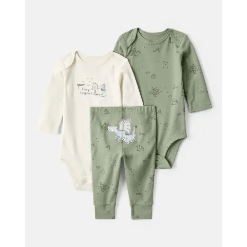 Baby Boy Dragon Print Cotton Long-Sleeve Bodysuit & Pant Set - Green/White | Carter's