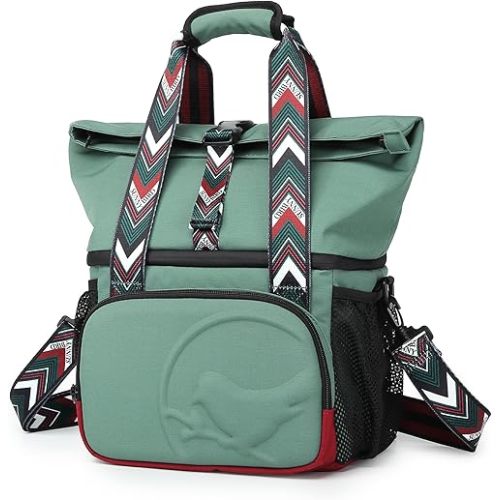 SUNNY BIRD Dual Compartment Lunch Bag Insulated Lunch Box for Women and Men (Green with boho strap)