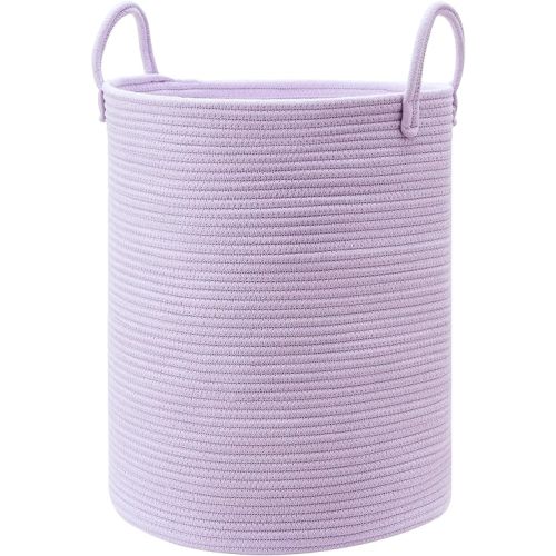 15Dx20H inches Large Purple Hamper Laundry Basket for Nursery Kids Tall Lavender Blanket Basket for Girls Cotton Rope Lilac Clothes Hamper in Bedroom 60L Capacity