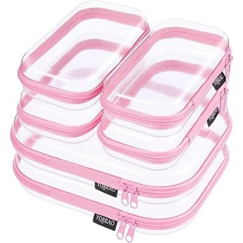 6 Pack Clear Hard Shell Zipper Case, Hard Plastic Organizer Pouches for Travel, Small Items, Makeup, Electronics & Art Supplies - Crush-Resistant & Waterproof Storage (Pink)