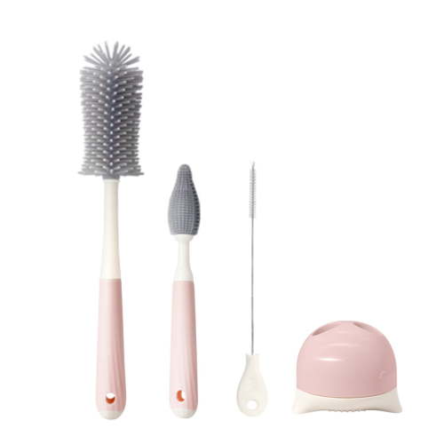 3Pcs/Set Baby Bottle Brushes Set with Vertical Storage Rack Food Grade BPA-Free Silicone Scrubber Straw Nipple Brush Set-Pink