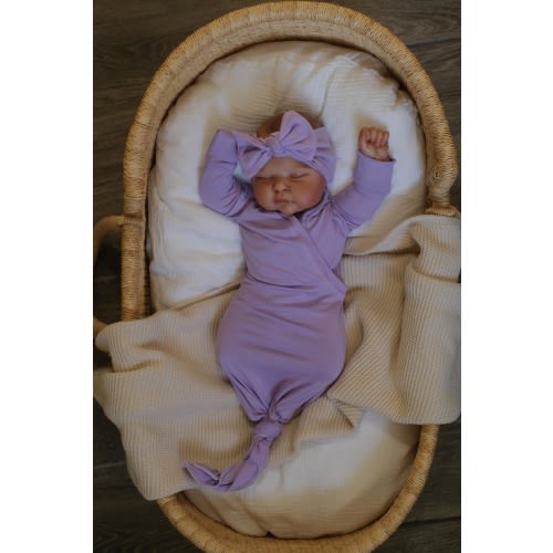 Lavender Knotted Baby Gown: Bamboo Stretch Knit, Bow or Hat