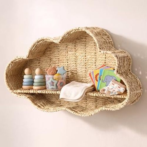 Cloud Nursery Wall Shelf Decor Boho Rattan Wicker Floating Shelves Handwoven Natural Rattan Hanging Organizer Storage Basket for Small Books Toys Nursery Bathroom Living Room Bedroom Corner