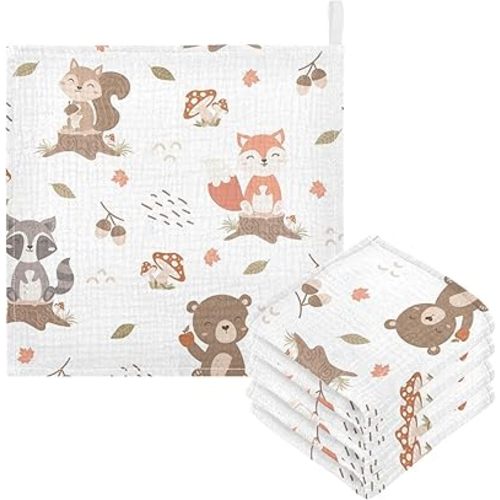 3 Pack Cute Woodland Animals Baby Muslin Washcloths, Autumn Forest Face Towel Burp Cloths Ultra Soft Absorbent Cotton Bath Wipes Towels for Newborn Boys Girls
