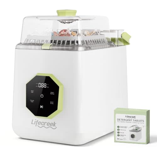 Lifecreek Baby Bottle Washer,4-in-1 Auto Wash Dry Store -White | 17 High-Pressure Jets, 130-150°F Warm Wash, 212°F Steam, 12 Cycles, PCTG Lid, External Drain, 90 Tabs