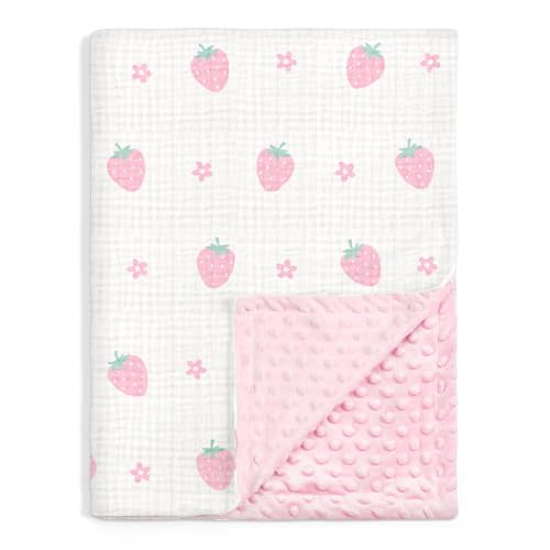 Strawberry Baby Blankets for Girls, Soft Nursery Minky Blankets with Muslin and Dotted Fleece Back 30x40 inches, Receiving Bed Quilt for Newborn, Infants, Toddlers