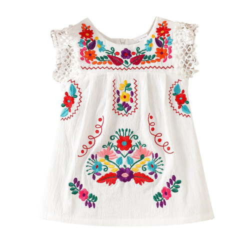 CPNG Toddler Infant Newborn Baby Girls Summer Dresses Mexican Embroidered Floral Dress Lace Trim Embroidery Dresses
