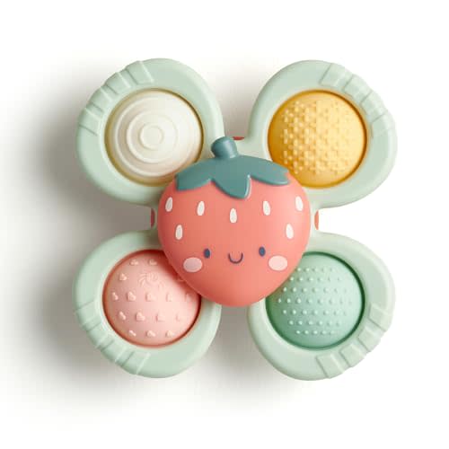 Itzy Ritzy Pop & Whirl Fidget Spinner Baby Bath & Travel Toy (Strawberry) | Textured Silicone Poppers Support Fine Motor Skills, While The Suction Base Keeps Play Secure On Highchairs, Tables, & Tubs
