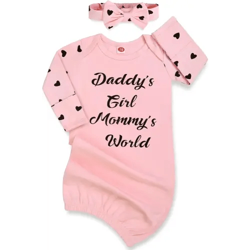 Mikccer Newborn Baby Girl Gown 0-6 Months, Baby Girl Nightgowns, Babies Girls Gift, Little Sister Newborn Outfit and Coming Home Outfits with Headband Set Pink